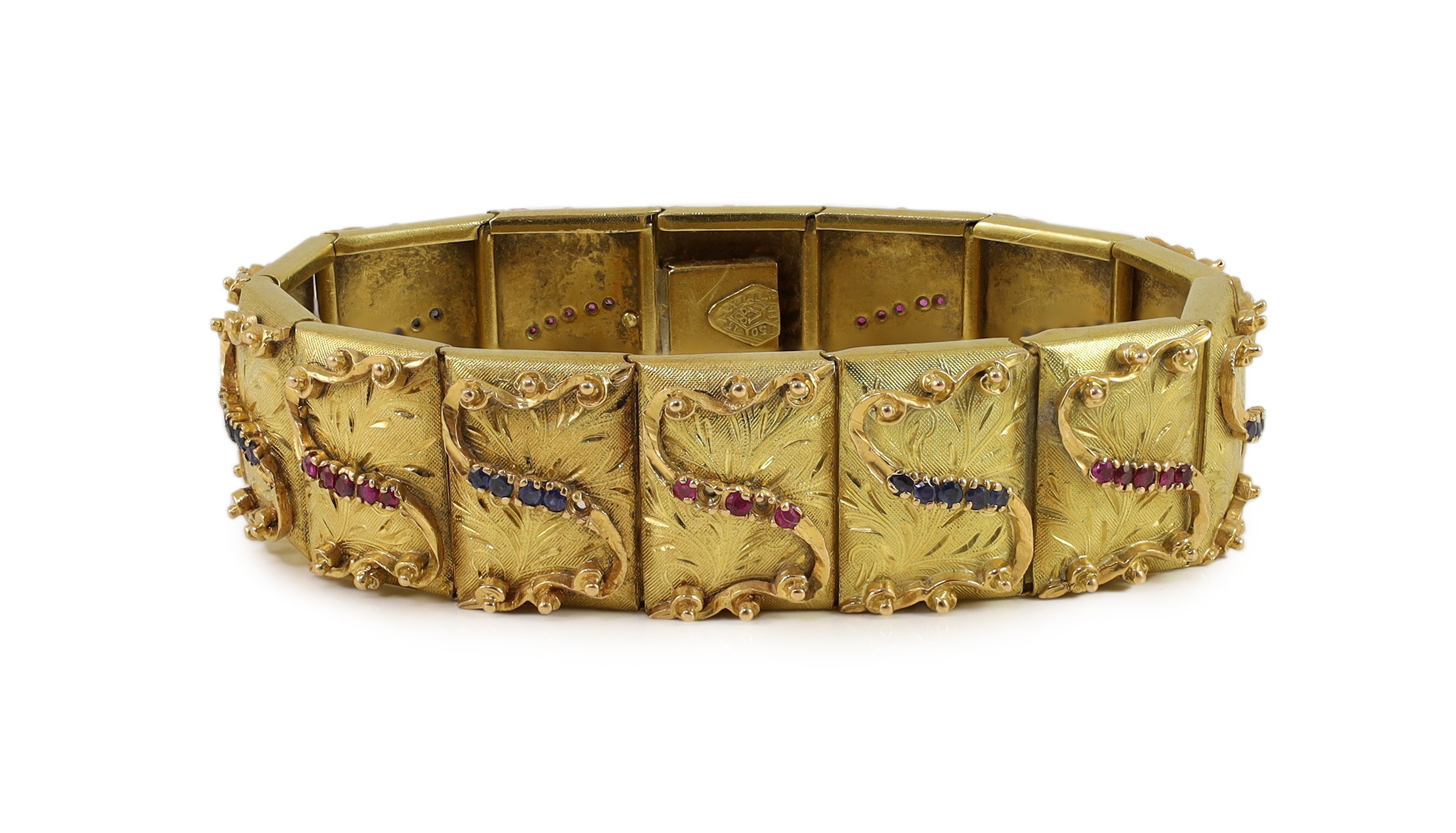 A mid 20th century Italian 18k gold and graduated ruby and sapphire set bracelet by Vendorafa